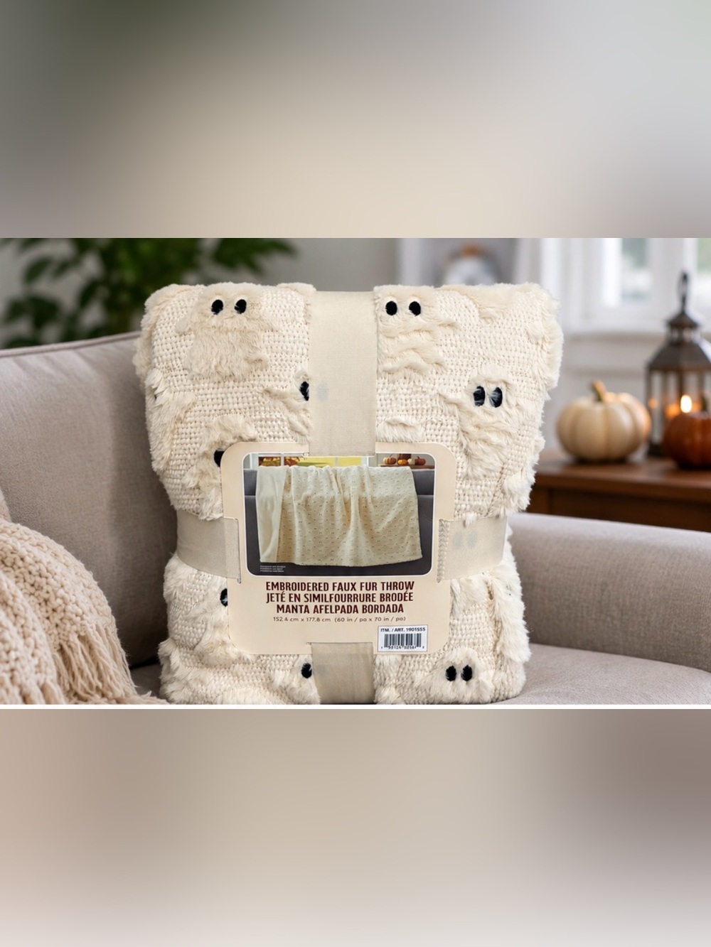 👻 VIRAL Ghost Embroidered Faux Fur Throw Blanket – Ivory | Halloween Decor | NEW